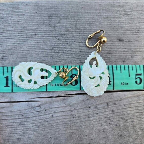 Intricate Carved Mother of Pearl Phoenix Bird Clip On Earrings 12k Gold Fill - Picture 9 of 11
